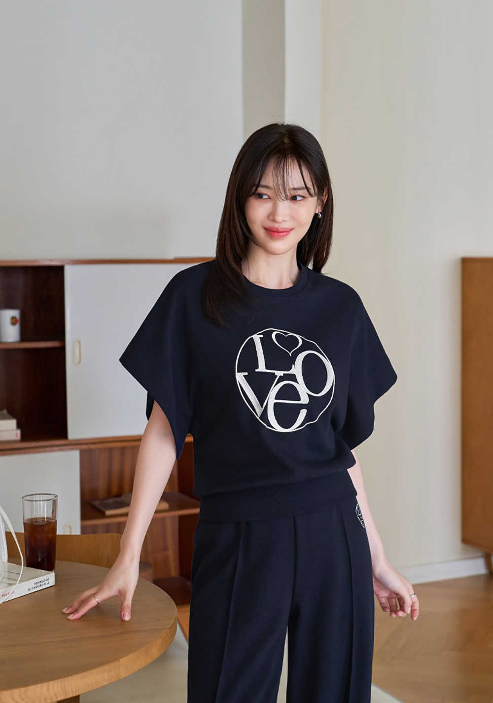 愛心字母刺繡長褲套裝,KOREA,366184,愛心字母刺繡長褲套裝,領500,999免運