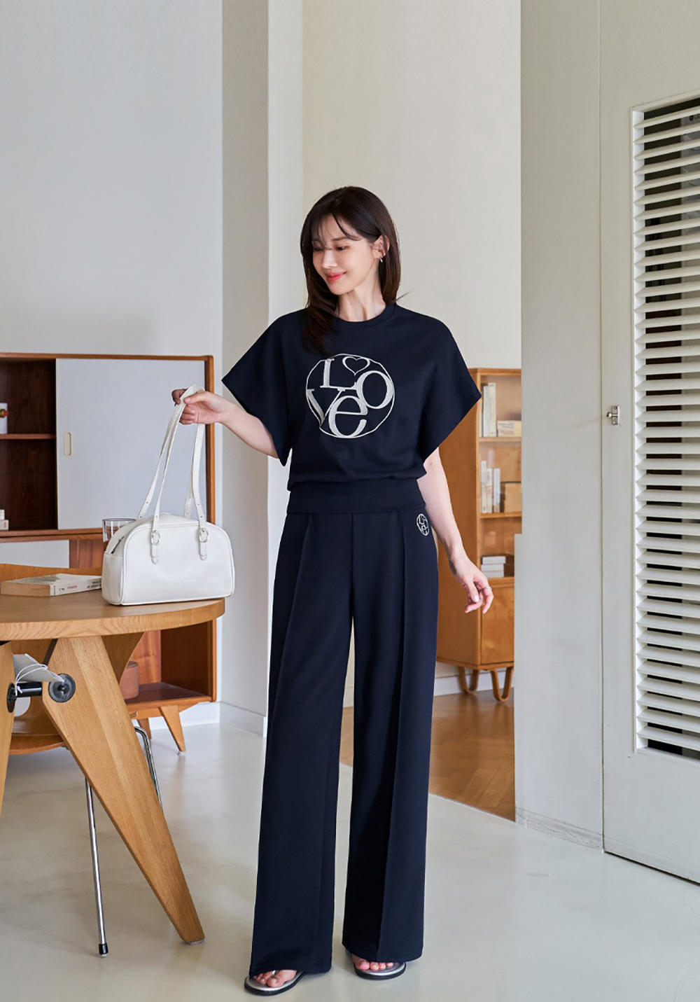 愛心字母刺繡長褲套裝,KOREA,366184,愛心字母刺繡長褲套裝,領500,999免運