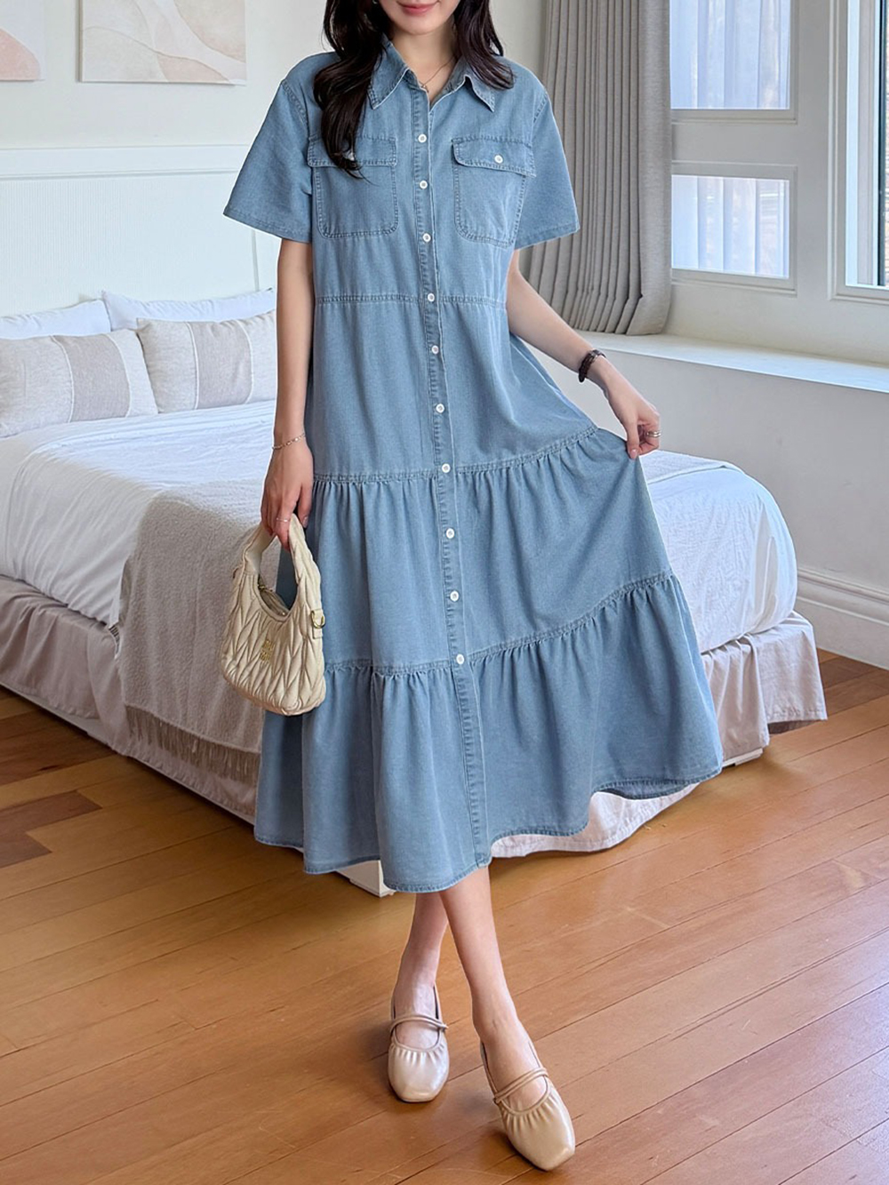 甜美蛋糕裙擺牛仔洋裝,KOREA,366607,甜美蛋糕裙擺牛仔洋裝,領500,999免運