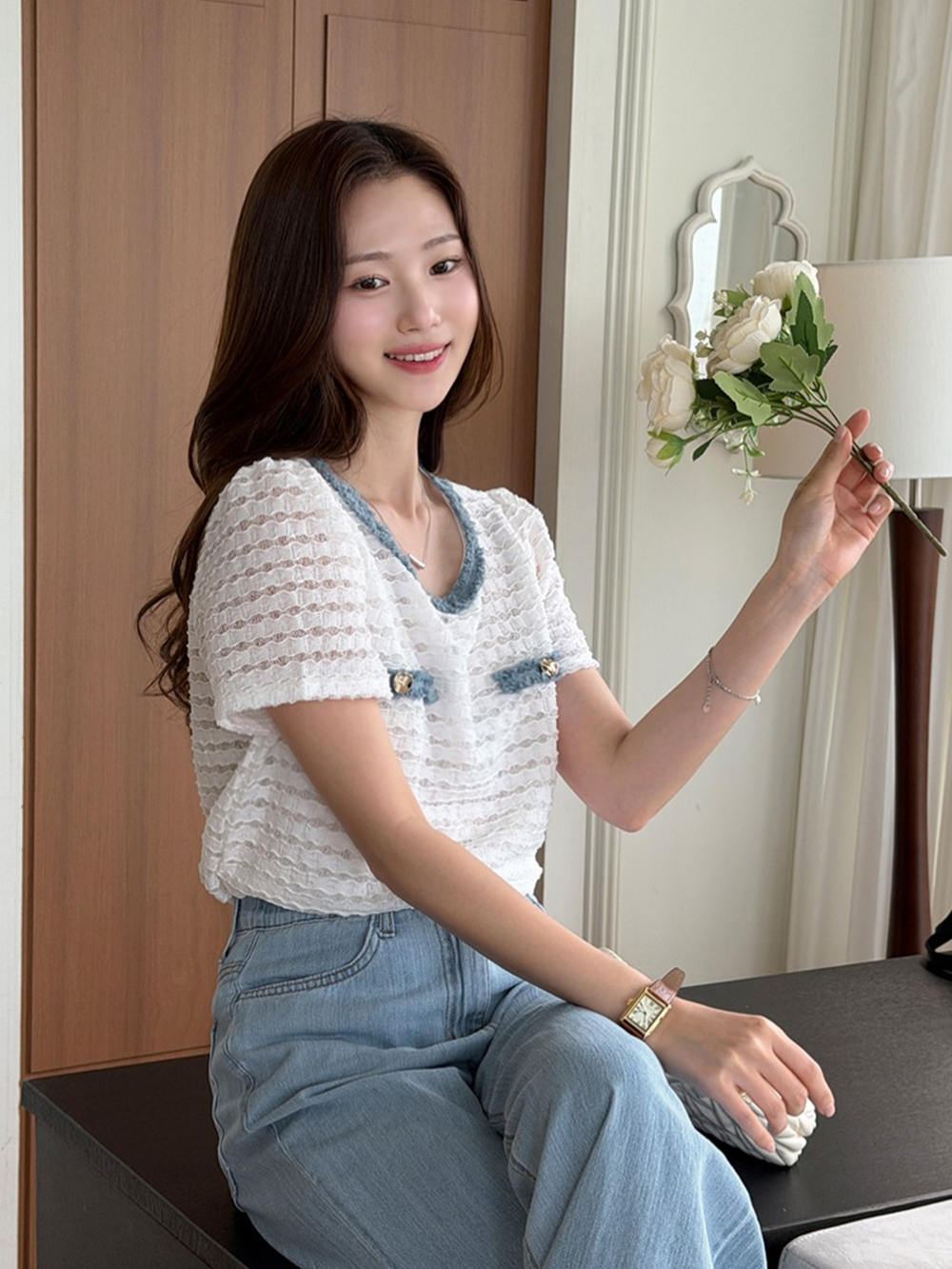 牛仔拼接波浪紋上衣,KOREA,366118,牛仔拼接波浪紋上衣,領500,999免運