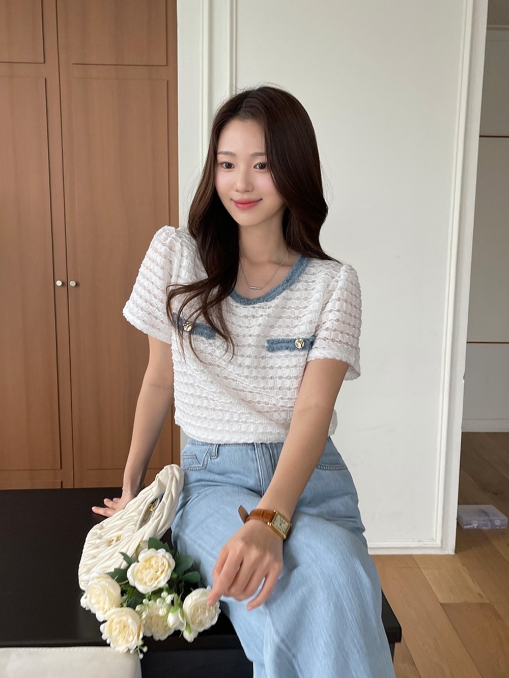 牛仔拼接波浪紋上衣,KOREA,366118,牛仔拼接波浪紋上衣,領500,999免運