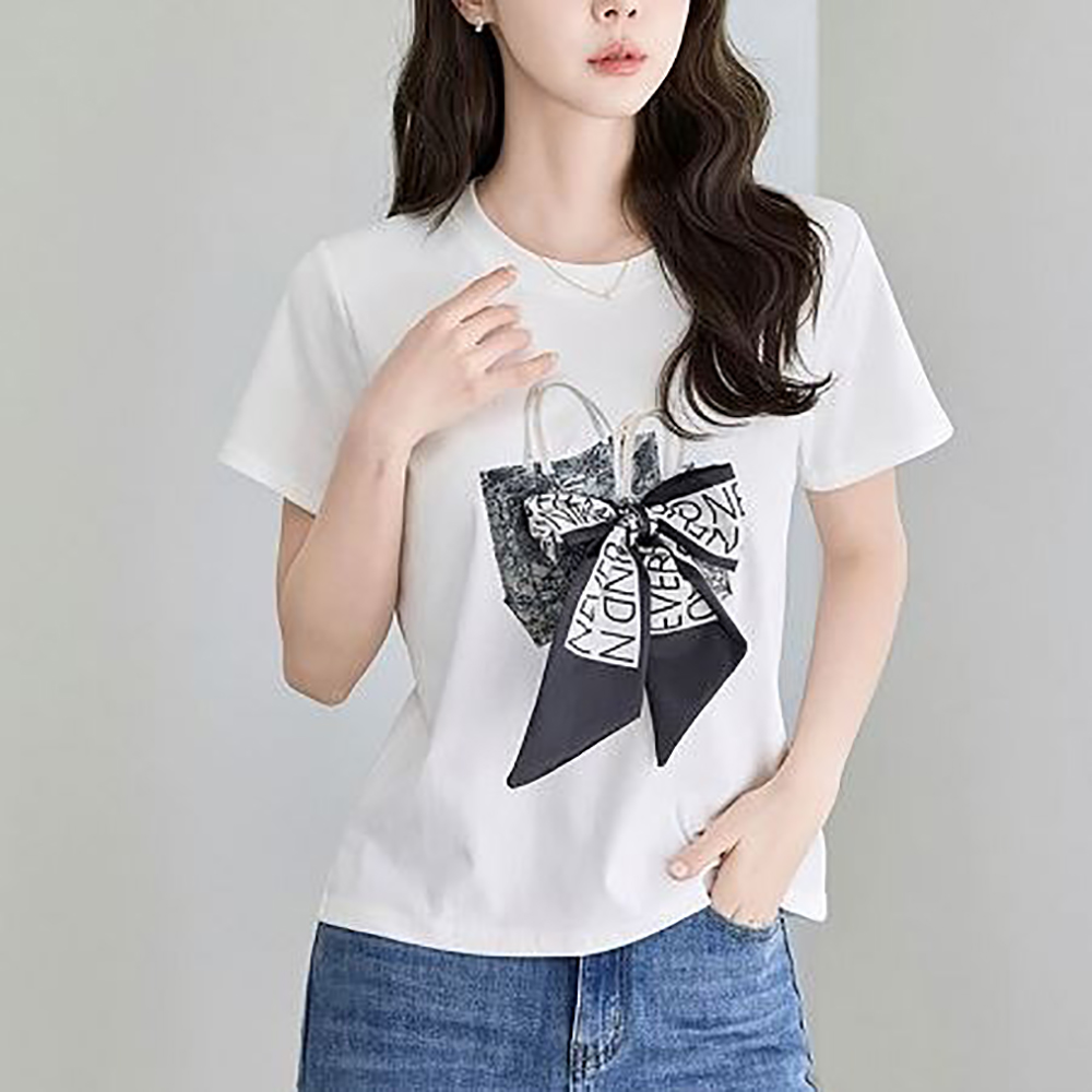 氣質印花緞帶拼接上衣,KOREA,367341,氣質印花緞帶拼接上衣,周新品優惠,NEWARRIVAL