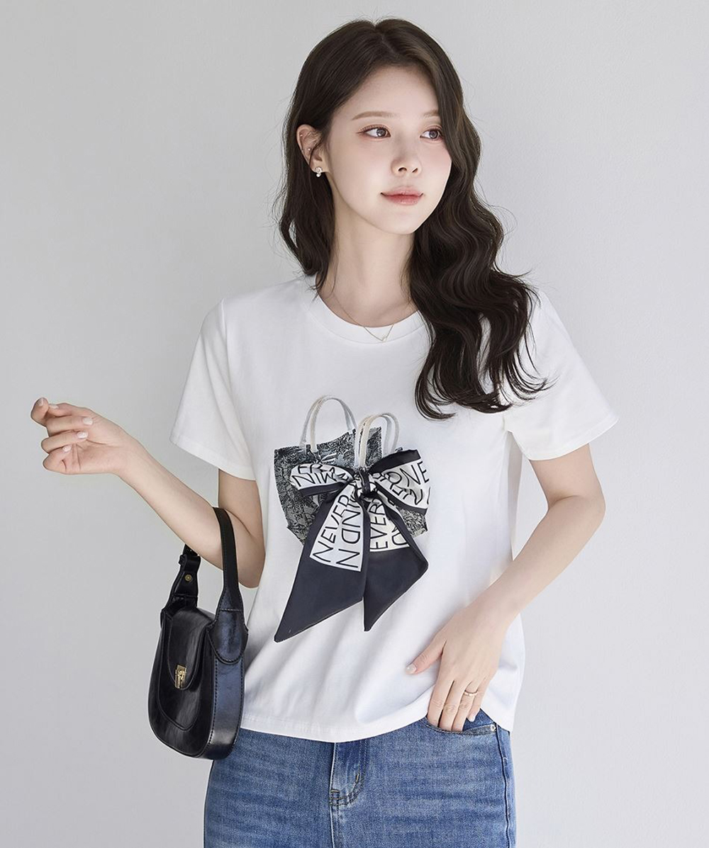 氣質印花緞帶拼接上衣,KOREA,367341,氣質印花緞帶拼接上衣,周新品優惠,NEWARRIVAL