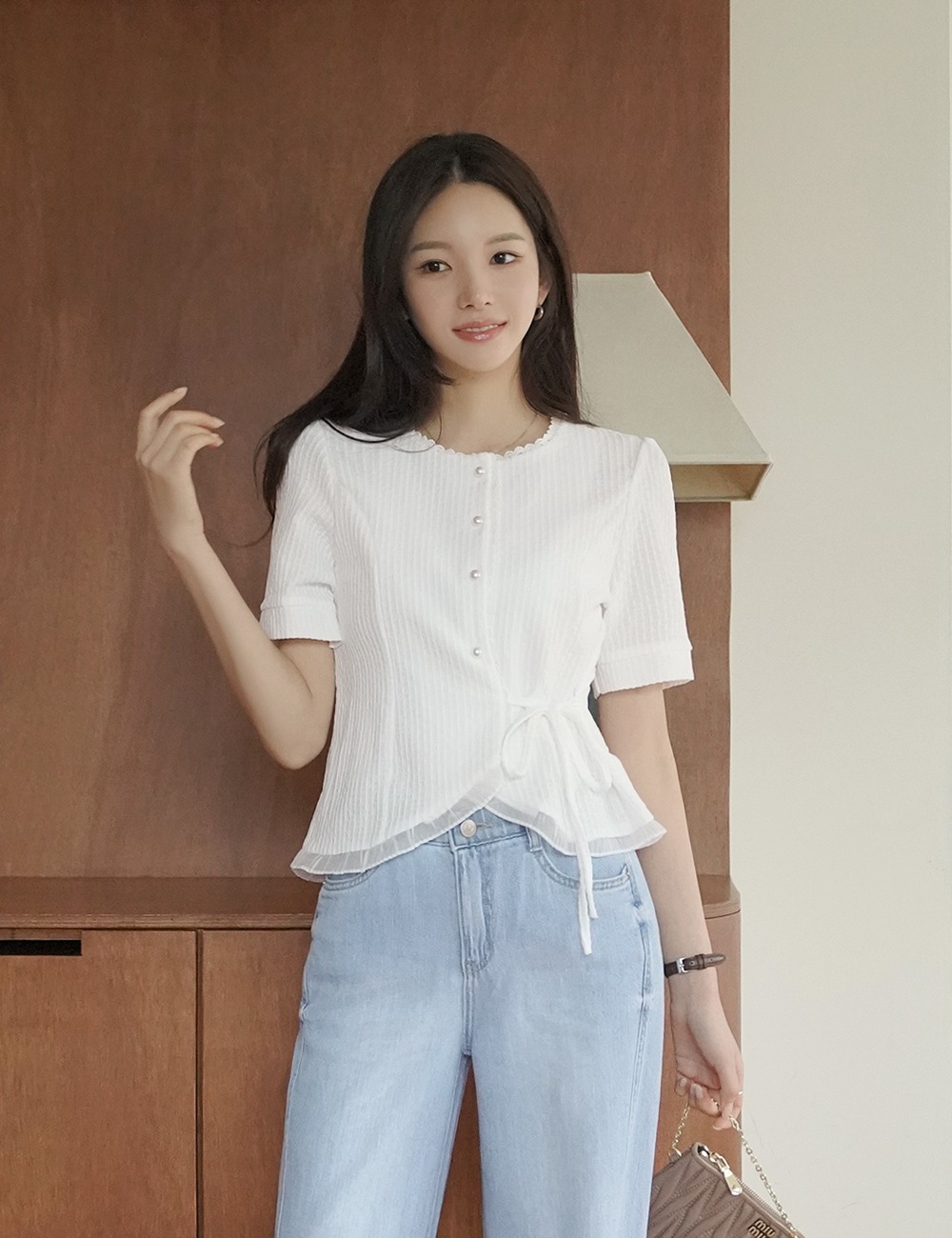 側綁帶蕾絲拼接襯衫,KOREA,367902,側綁帶蕾絲拼接襯衫,周新品優惠,NEWARRIVAL