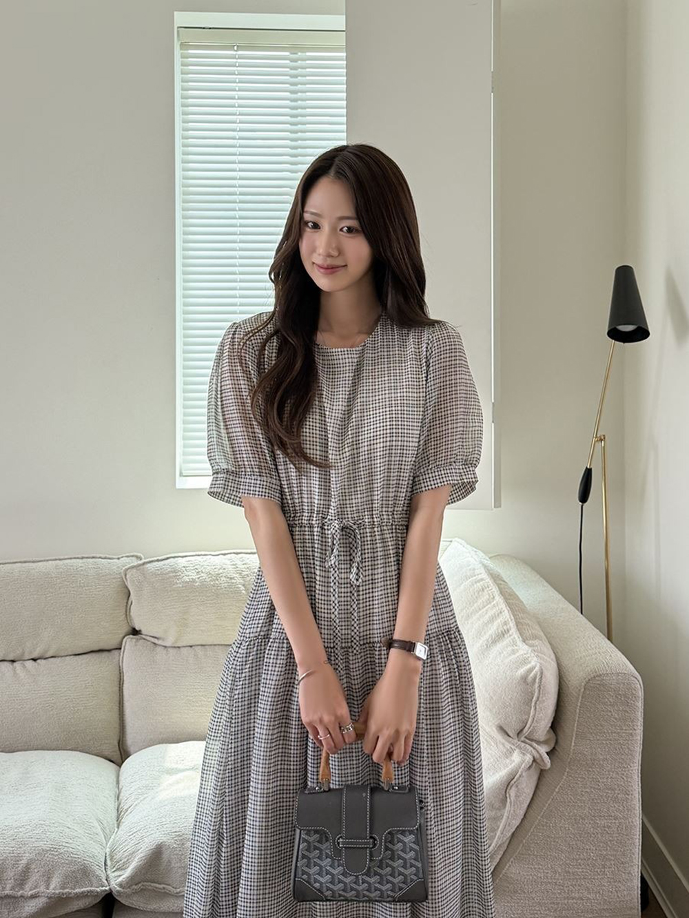 收腰綁帶格紋長洋裝,KOREA,369205,收腰綁帶格紋長洋裝,領500,999免運