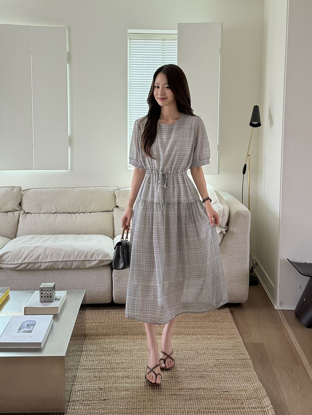 收腰綁帶格紋長洋裝,KOREA,369205,收腰綁帶格紋長洋裝,領500,999免運