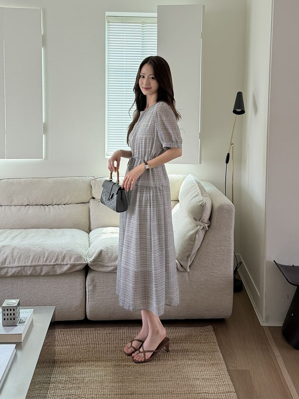 收腰綁帶格紋長洋裝,KOREA,369205,收腰綁帶格紋長洋裝,領500,999免運