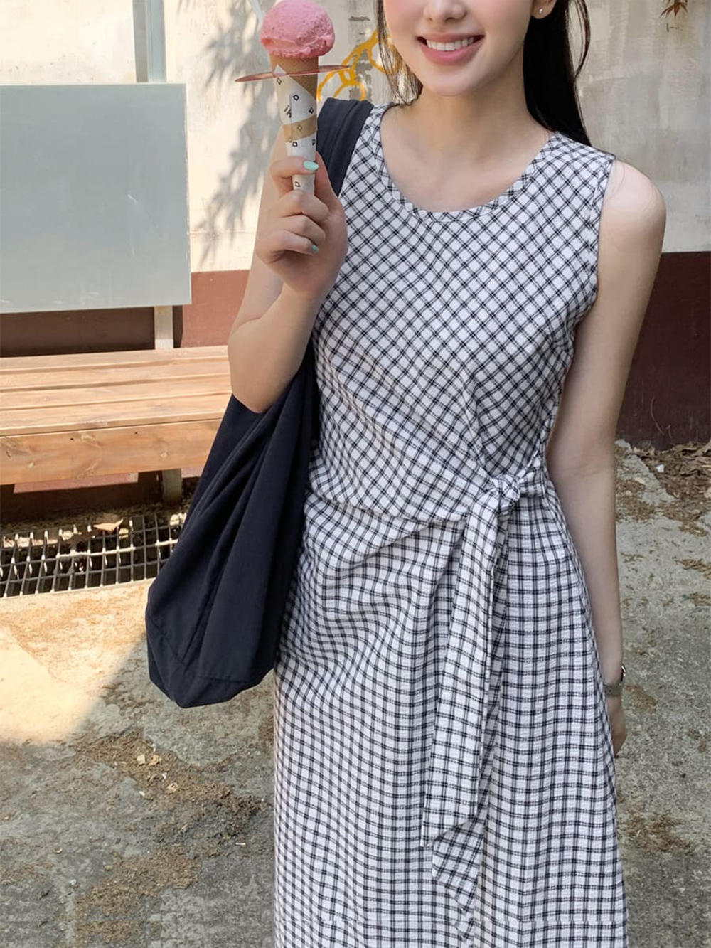 經典格紋綁帶背心洋裝,KOREA,369440,經典格紋綁帶背心洋裝,領500,999免運