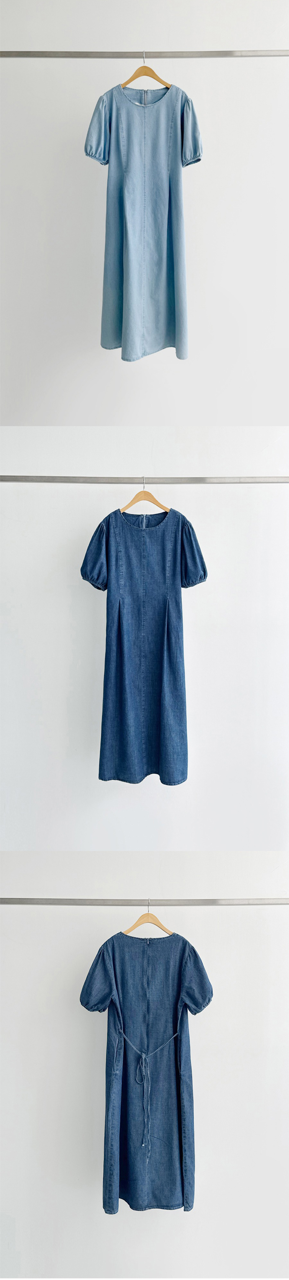 泡泡袖後綁帶牛仔洋裝,KOREA,370030,泡泡袖後綁帶牛仔洋裝,領500,999免運