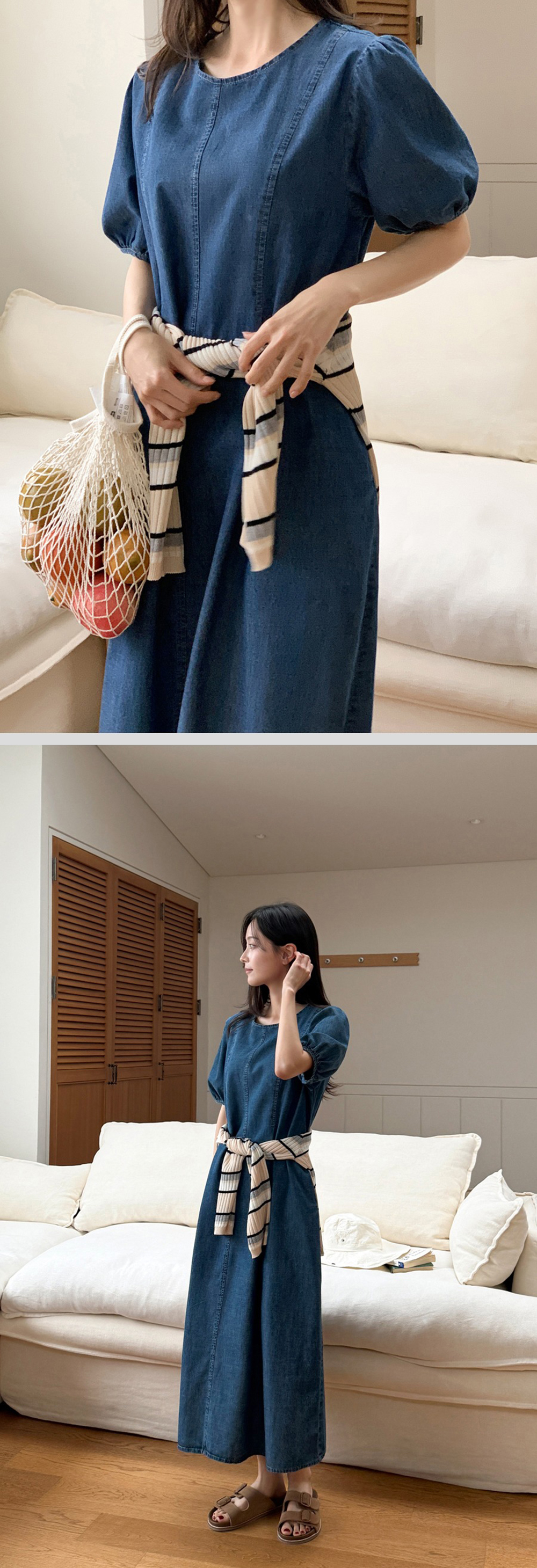 泡泡袖後綁帶牛仔洋裝,KOREA,370030,泡泡袖後綁帶牛仔洋裝,領500,999免運