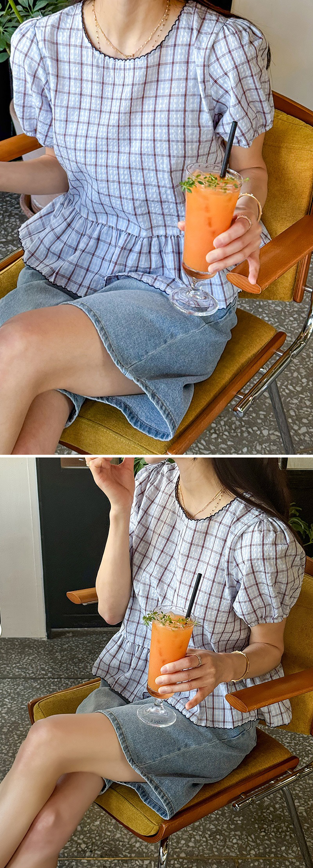 荷葉擺背釦格紋襯衫,KOREA,371896,荷葉擺背釦格紋襯衫,領500,999免運