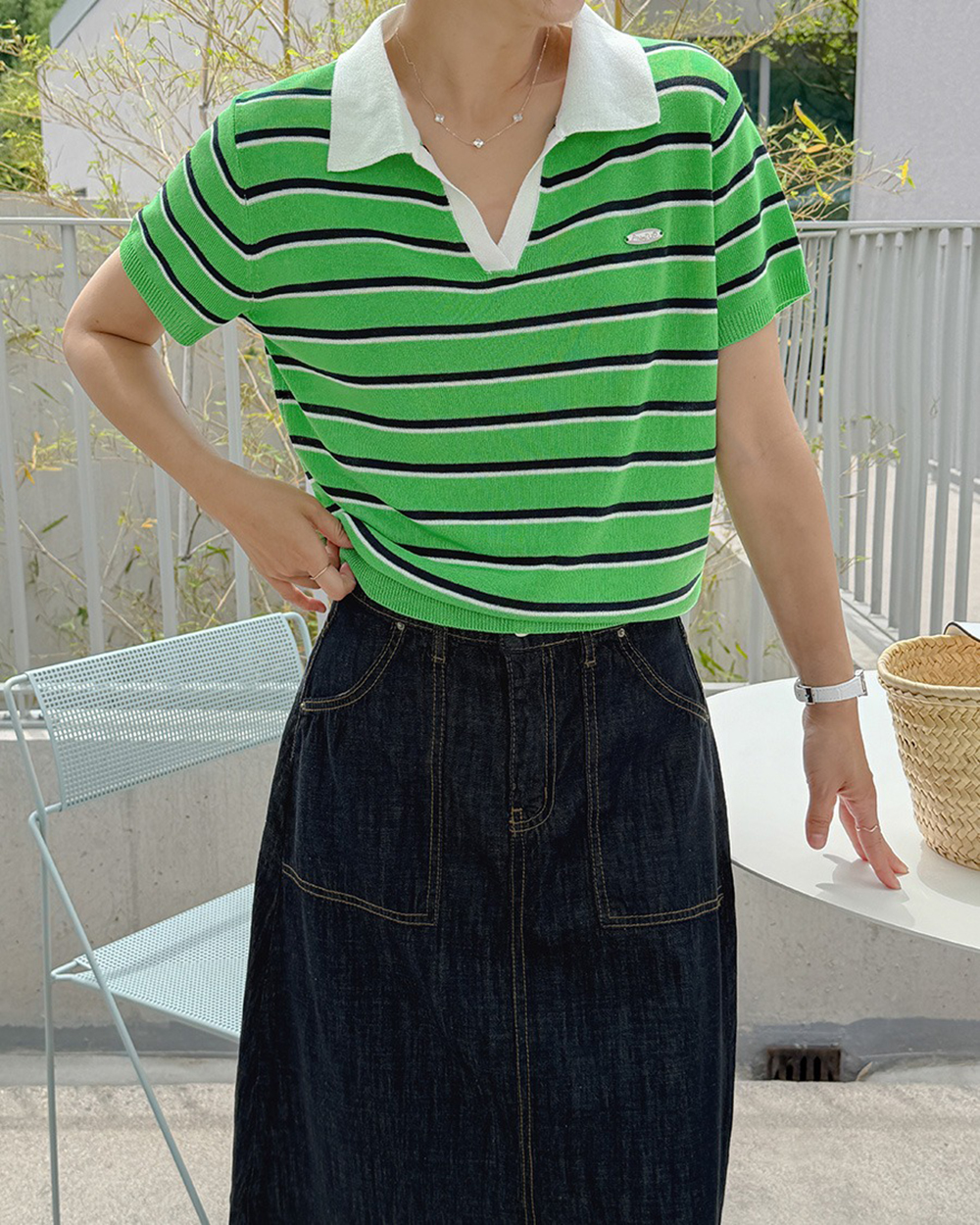 撞色條紋翻領針織上衣,KOREA,372008,撞色條紋翻領針織上衣,周新品優惠,NEWARRIVAL