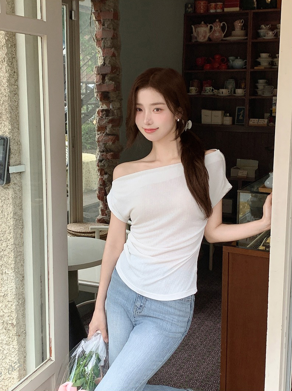 不對稱露肩羅紋上衣,KOREA,372862,不對稱露肩羅紋上衣,周新品優惠,NEWARRIVAL