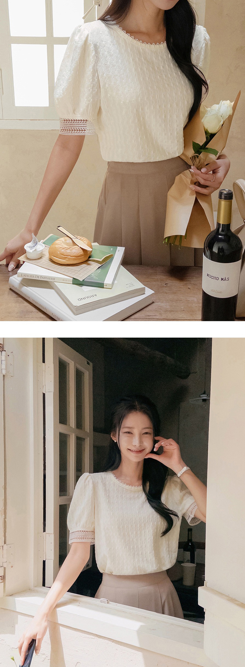 精緻蕾絲泡泡紗上衣,KOREA,373254,精緻蕾絲泡泡紗上衣,領500,999免運