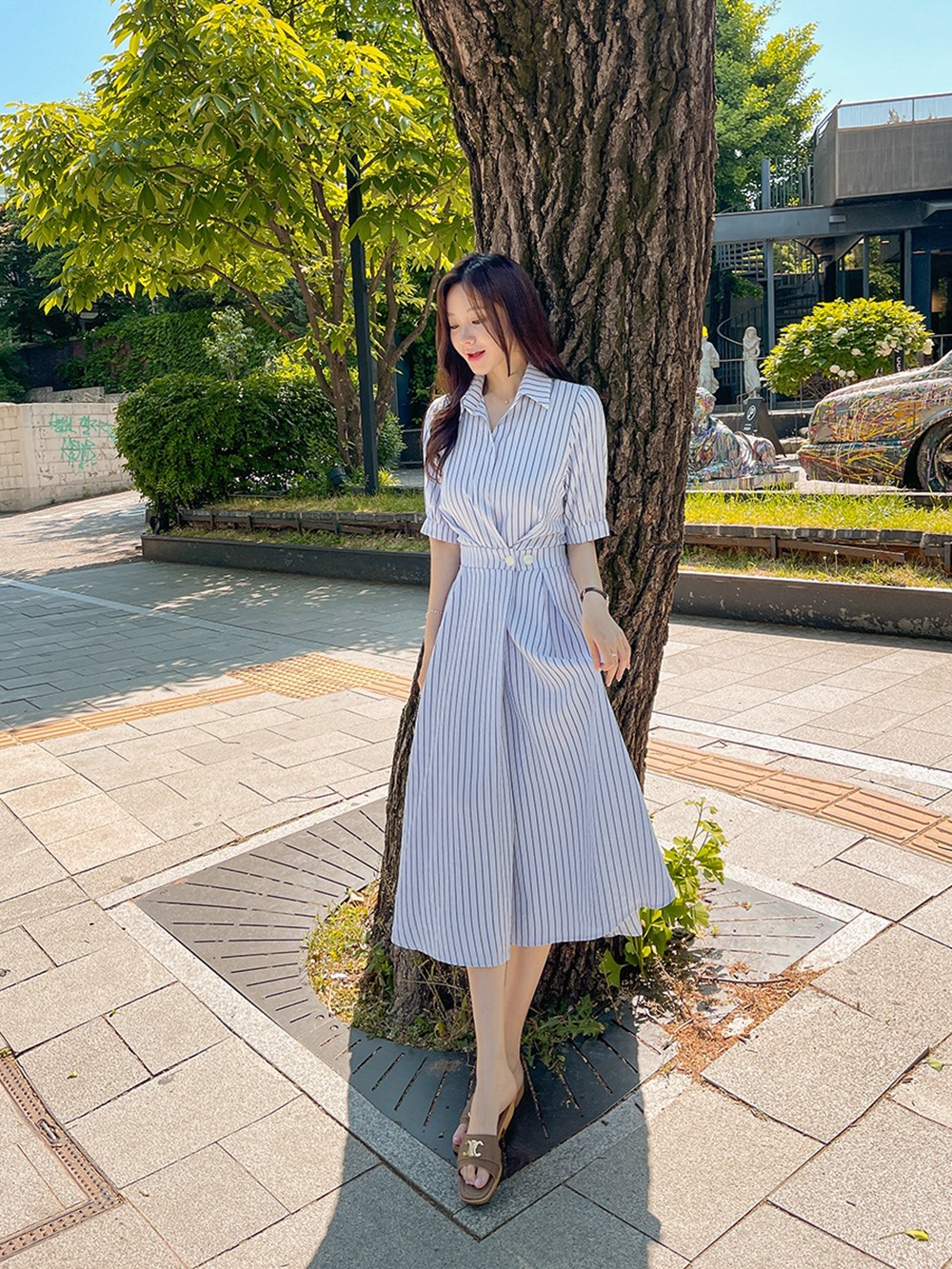 天絲混紡條紋A字洋裝,KOREA,373823,天絲混紡條紋A字洋裝,周新品優惠,NEWARRIVAL