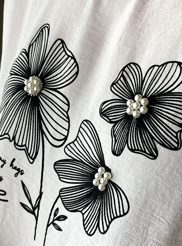 珍珠裝飾印花短袖上衣,KOREA,374804,珍珠裝飾印花短袖上衣,領500,999免運