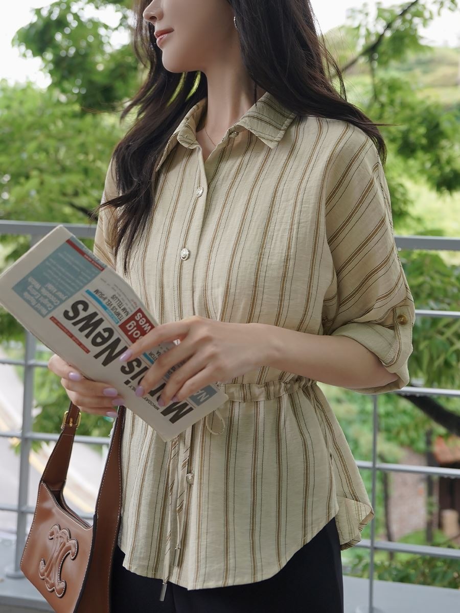 條紋收腰連肩袖襯衫,KOREA,375209,條紋收腰連肩袖襯衫,領500,999免運