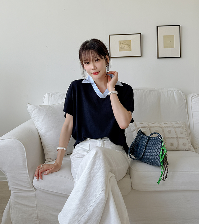 假兩件襯衫領針織上衣,Korea,379044,假兩件襯衫領針織上衣,領500,999免運