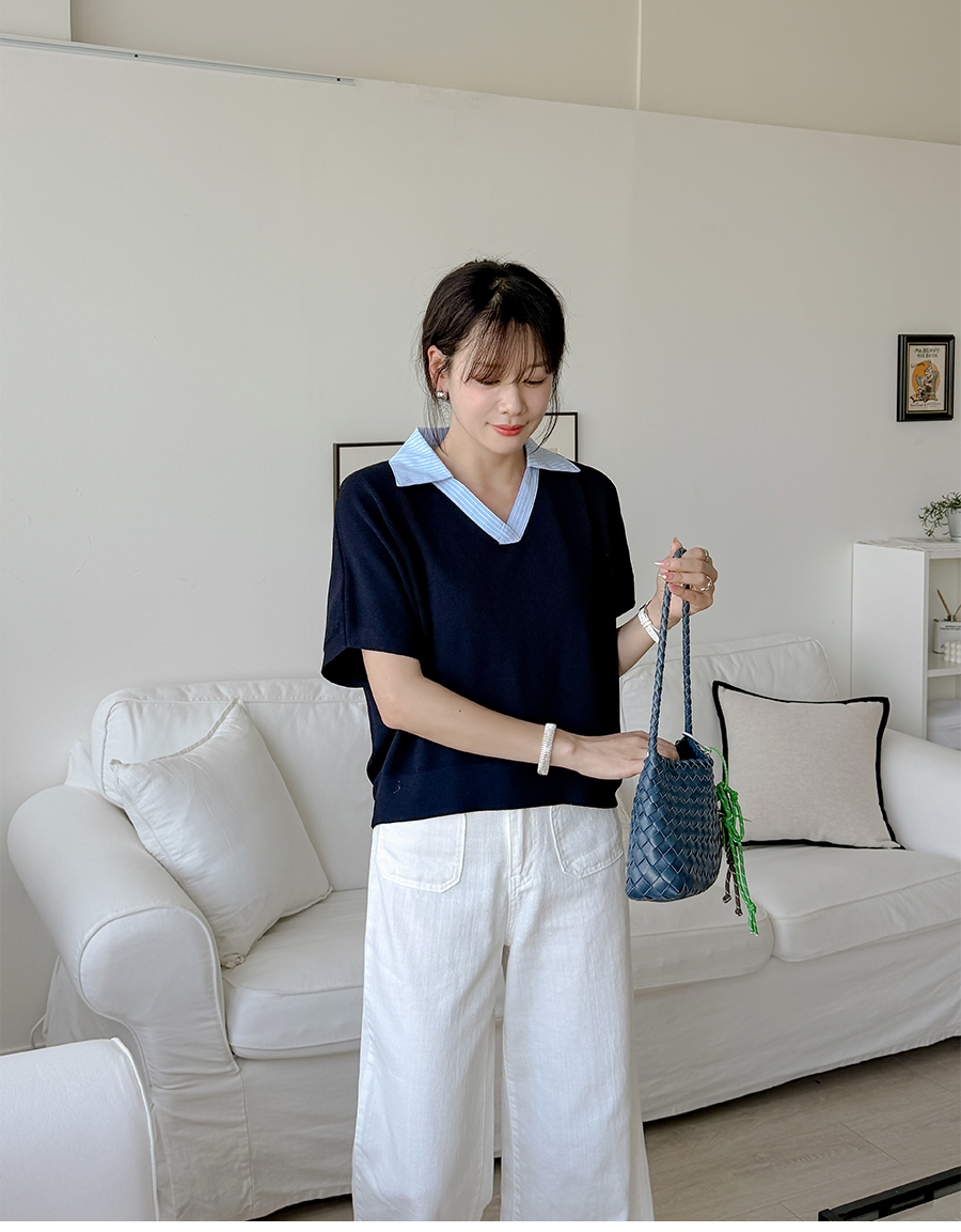 假兩件襯衫領針織上衣,Korea,379044,假兩件襯衫領針織上衣,領500,999免運