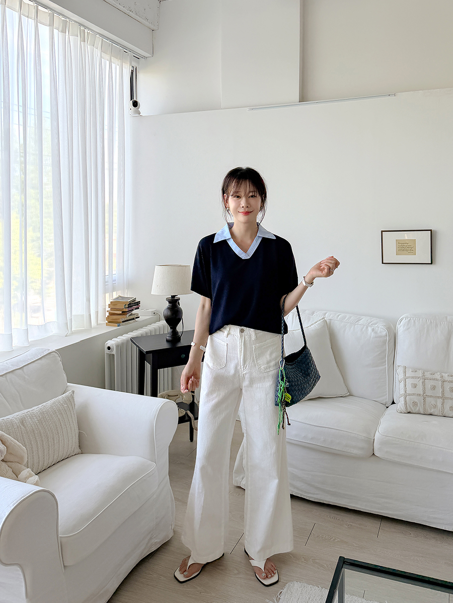 假兩件襯衫領針織上衣,Korea,379044,假兩件襯衫領針織上衣,領500,999免運