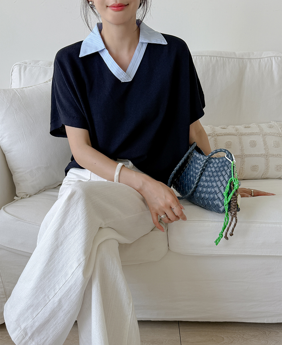 假兩件襯衫領針織上衣,Korea,379044,假兩件襯衫領針織上衣,領500,999免運