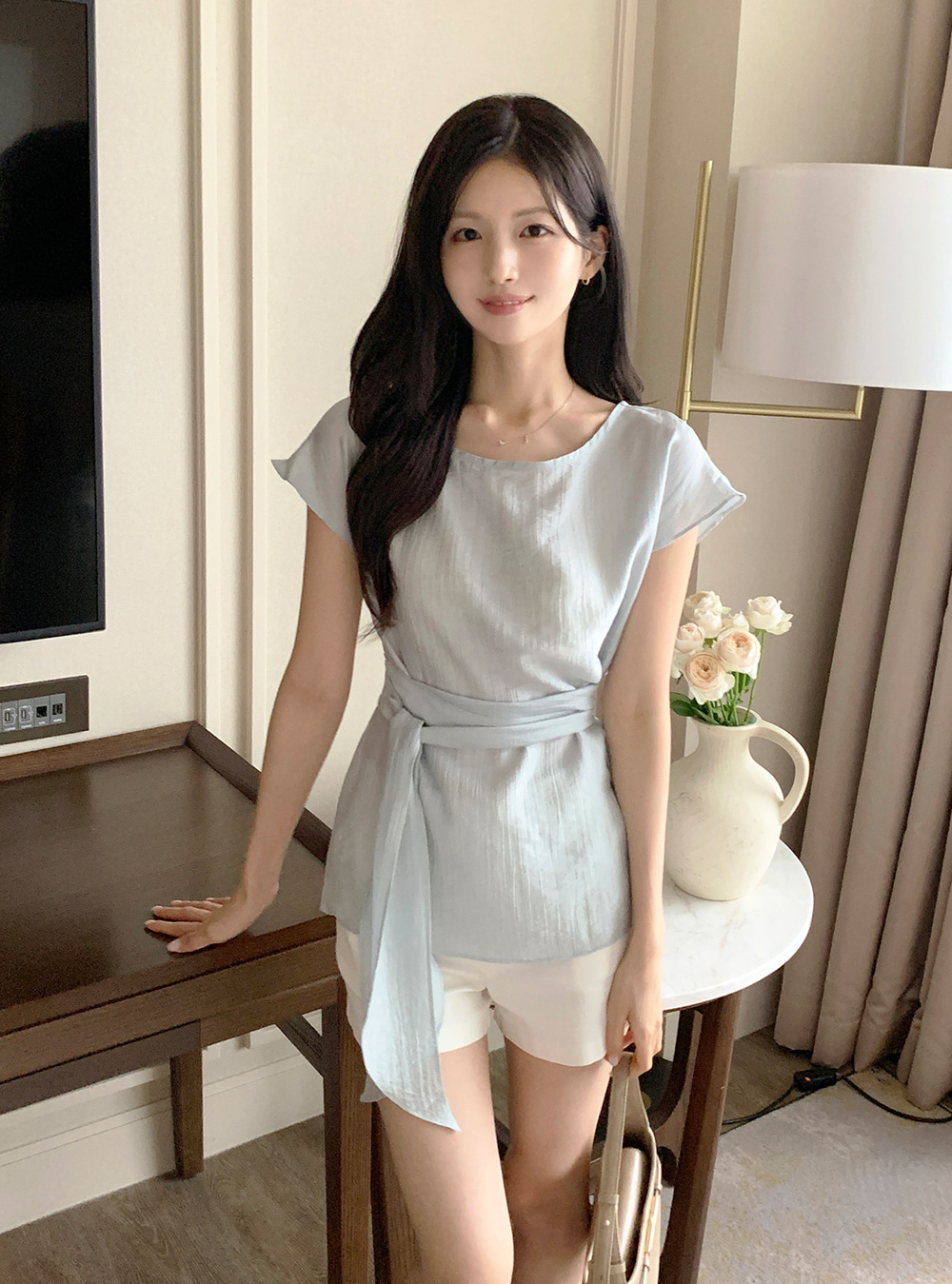 溫柔名媛收腰綁帶上衣,連衣裙,KOREA,379348,溫柔名媛收腰綁帶上衣,999免運