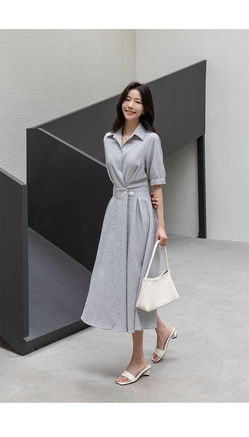 氣質雙釦襯衫領長洋裝,Korea,380328,氣質雙釦襯衫領長洋裝,領500,999免運