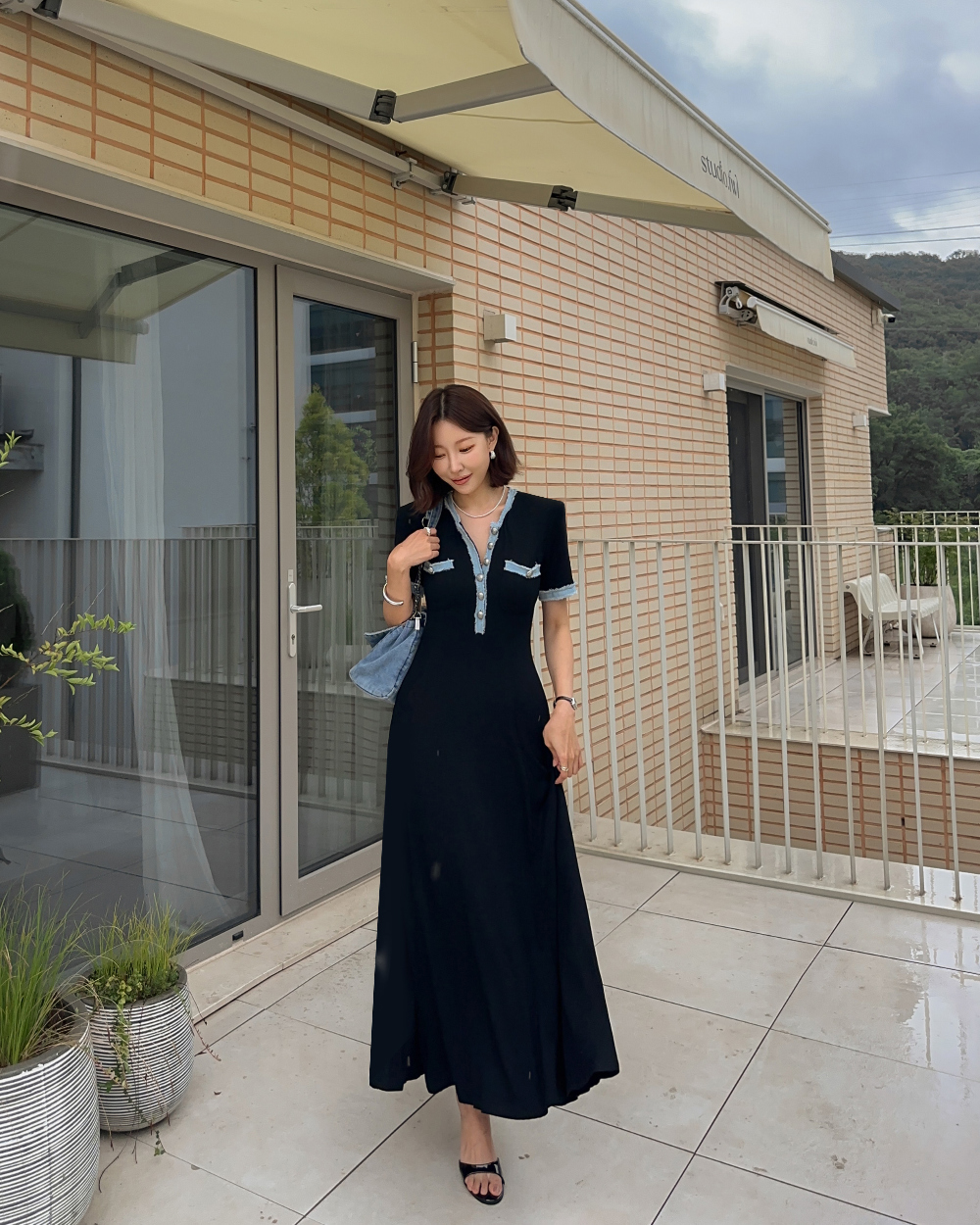 撞色牛仔滾邊拼接洋裝,evaviva,380991,撞色牛仔滾邊拼接洋裝,領500,999免運