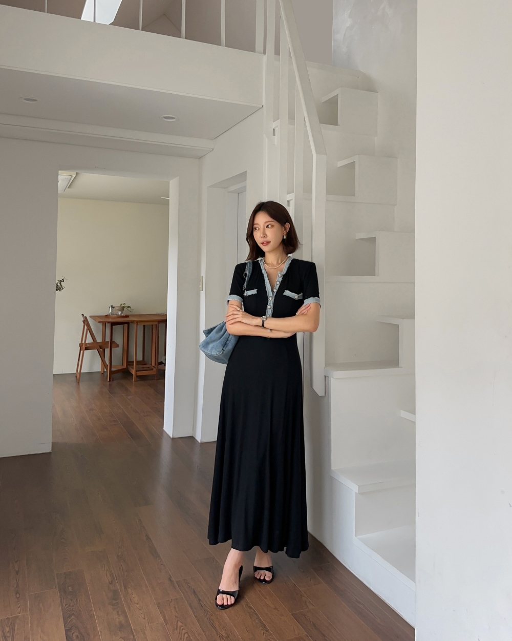撞色牛仔滾邊拼接洋裝,evaviva,380991,撞色牛仔滾邊拼接洋裝,領500,999免運
