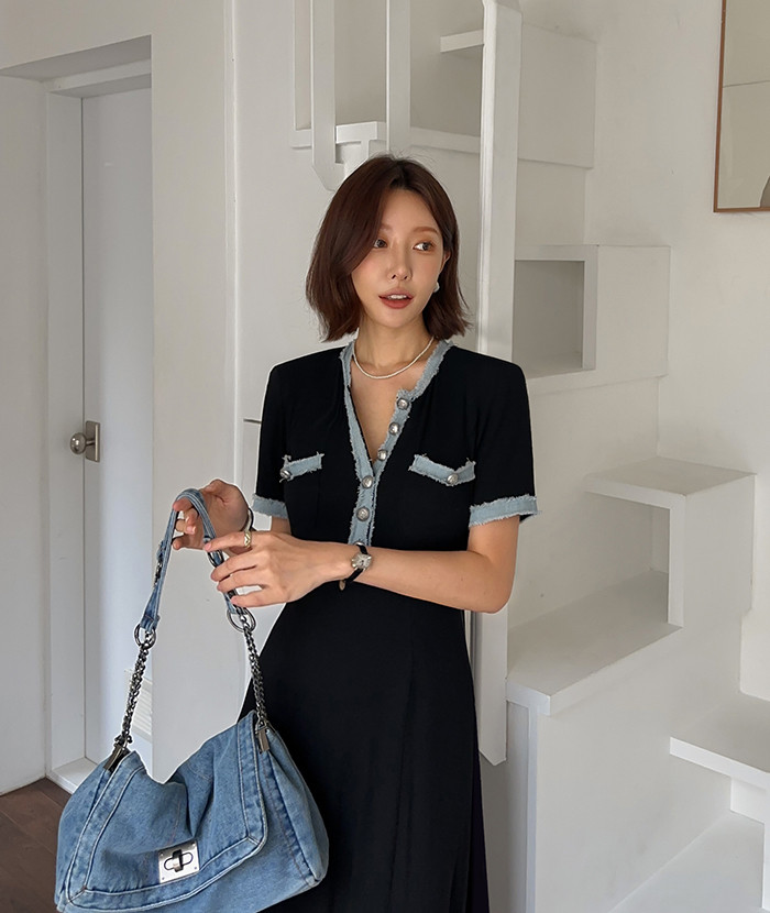 撞色牛仔滾邊拼接洋裝,evaviva,380991,撞色牛仔滾邊拼接洋裝,領500,999免運