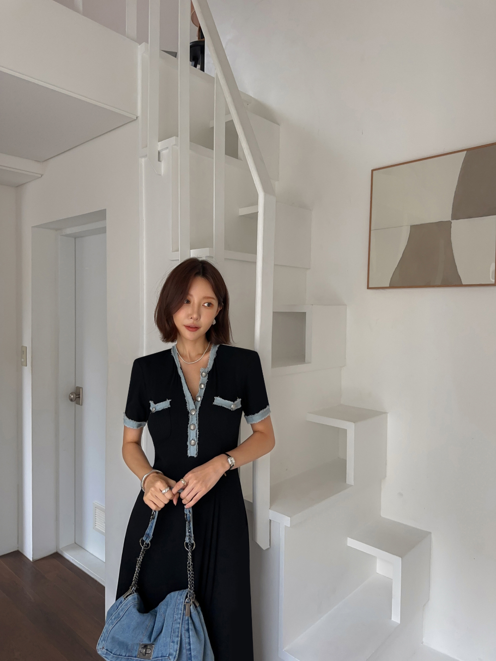 撞色牛仔滾邊拼接洋裝,evaviva,380991,撞色牛仔滾邊拼接洋裝,領500,999免運