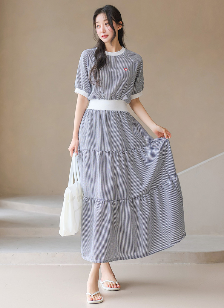 條紋愛心刺繡撞色洋裝,evaviva,381227,條紋愛心刺繡撞色洋裝,領500,999免運