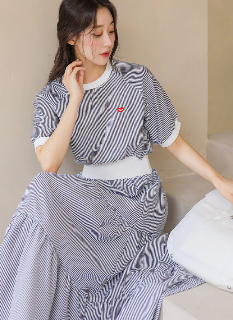 條紋愛心刺繡撞色洋裝,evaviva,381227,條紋愛心刺繡撞色洋裝,領500,999免運