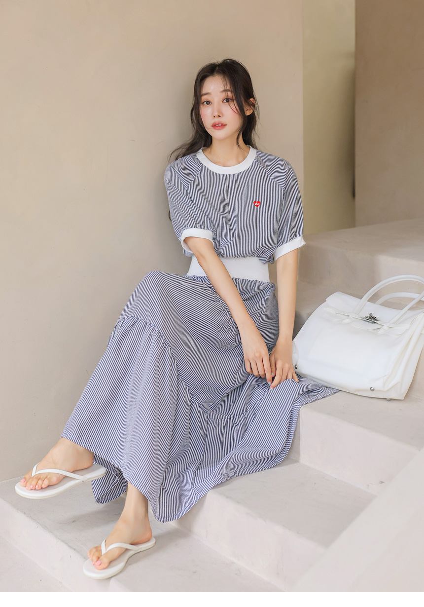 條紋愛心刺繡撞色洋裝,evaviva,381227,條紋愛心刺繡撞色洋裝,領500,999免運