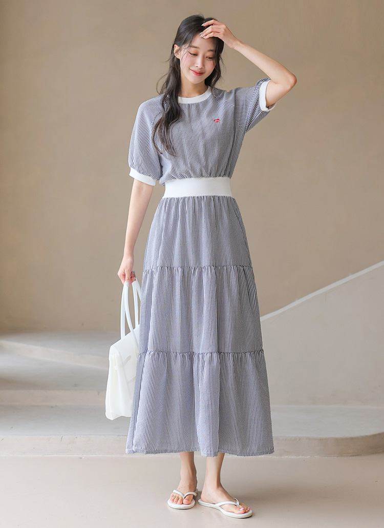 條紋愛心刺繡撞色洋裝,evaviva,381227,條紋愛心刺繡撞色洋裝,領500,999免運