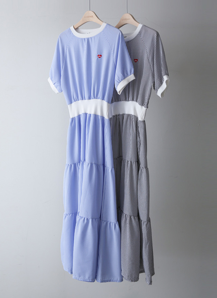 條紋愛心刺繡撞色洋裝,evaviva,381227,條紋愛心刺繡撞色洋裝,領500,999免運