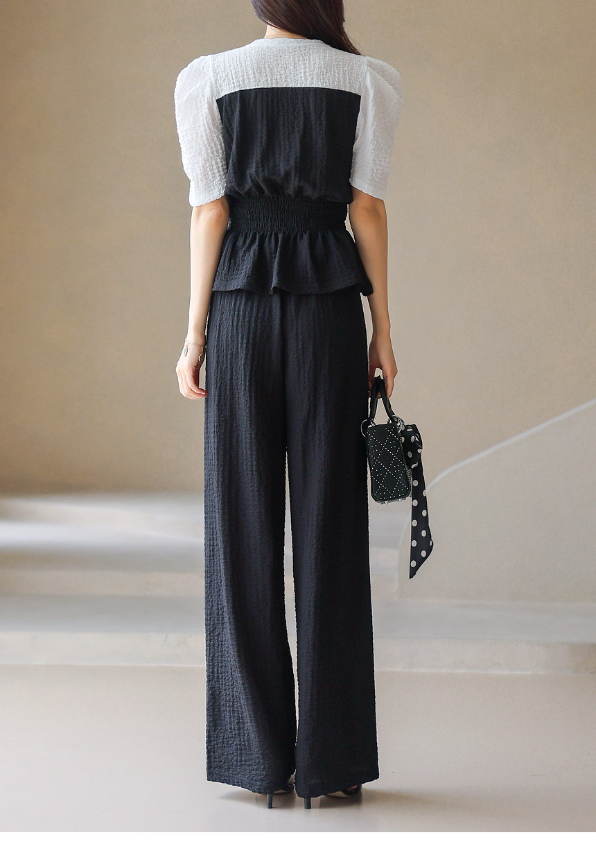撞色設計公主袖寬褲套裝,KOREA,382286,撞色設計公主袖寬褲套裝,領500,999免運