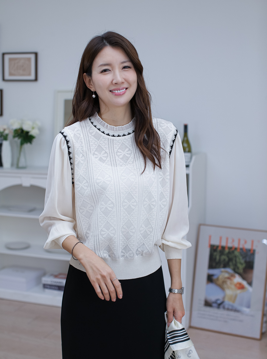 花影午後拼接針織上衣,KOREA,385463,花影午後拼接針織上衣,領500,999免運