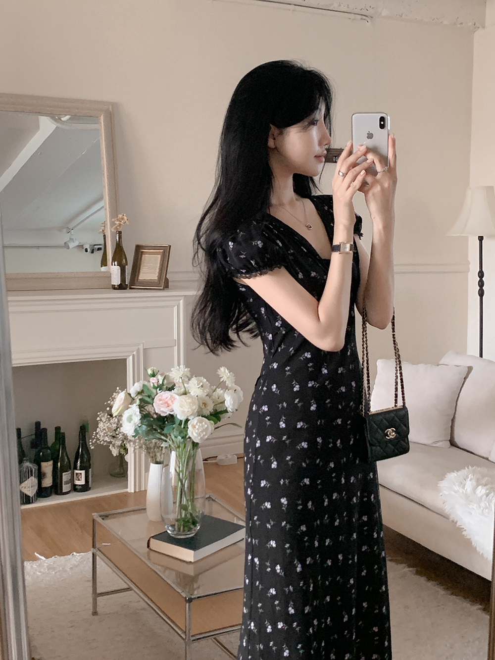 午夜花園碎花長洋裝,優雅時尚V領修身洋裝,KOREA,392925,午夜花園碎花長洋裝,999免運
