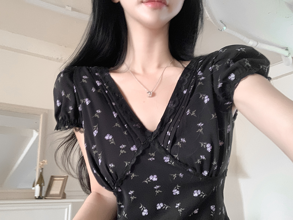 午夜花園碎花長洋裝,優雅時尚V領修身洋裝,KOREA,392925,午夜花園碎花長洋裝,999免運