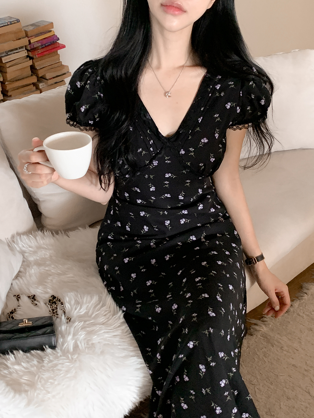 午夜花園碎花長洋裝,優雅時尚V領修身洋裝,KOREA,392925,午夜花園碎花長洋裝,999免運
