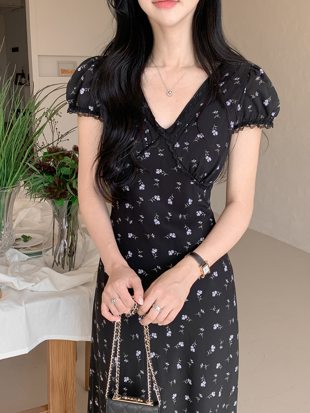 午夜花園碎花長洋裝,優雅時尚V領修身洋裝,KOREA,392925,午夜花園碎花長洋裝,999免運
