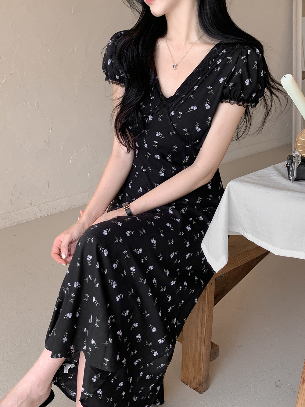 午夜花園碎花長洋裝,優雅時尚V領修身洋裝,KOREA,392925,午夜花園碎花長洋裝,999免運