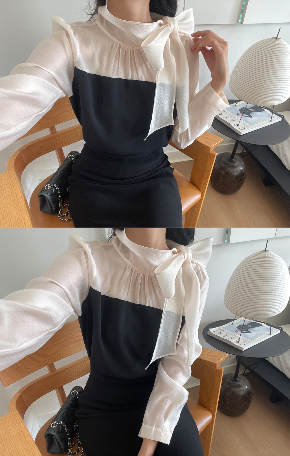 恬靜珍珠領結上衣,慵懶寬條紋開衩洋裝,KOREA,397116,恬靜珍珠領結上衣,999免運