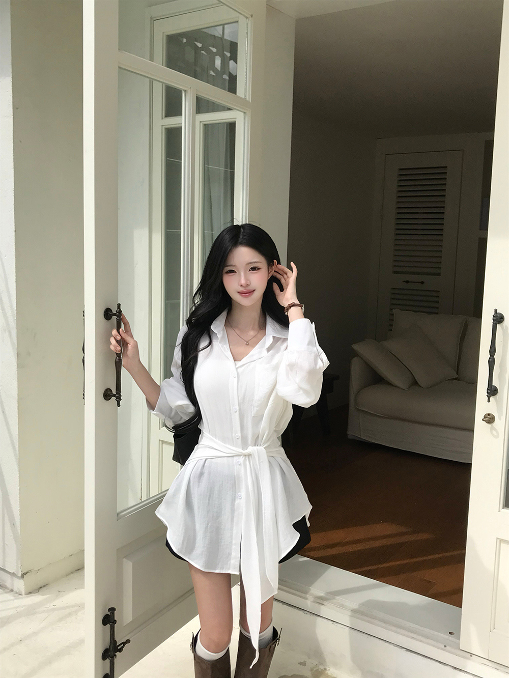 端莊綁帶襯衫洋裝,KOREA,397336,端莊綁帶襯衫洋裝,領500,999免運