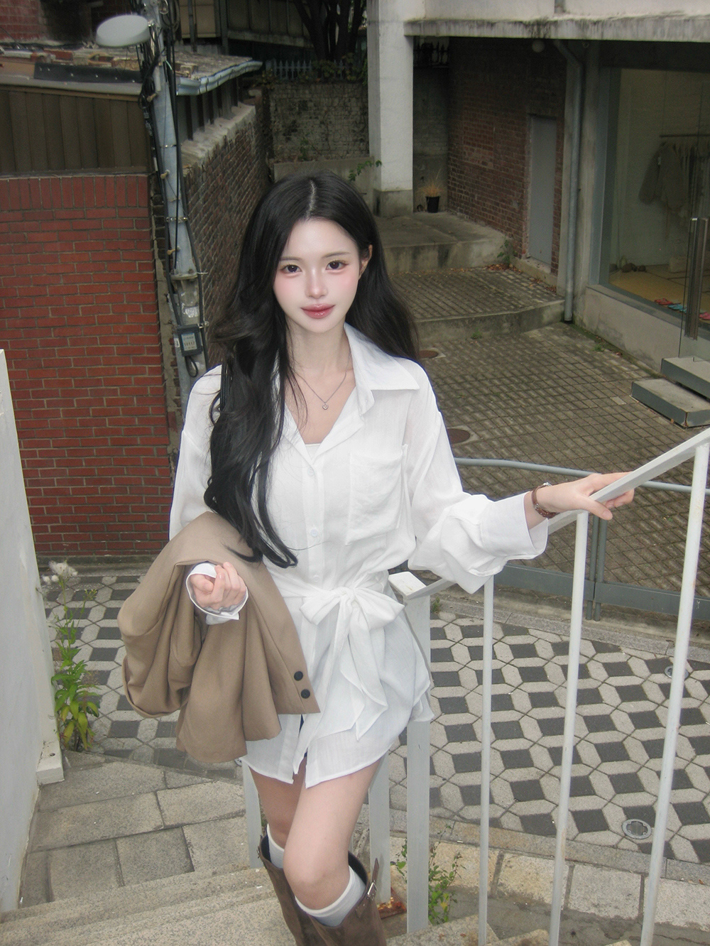 端莊綁帶襯衫洋裝,KOREA,397336,端莊綁帶襯衫洋裝,領500,999免運