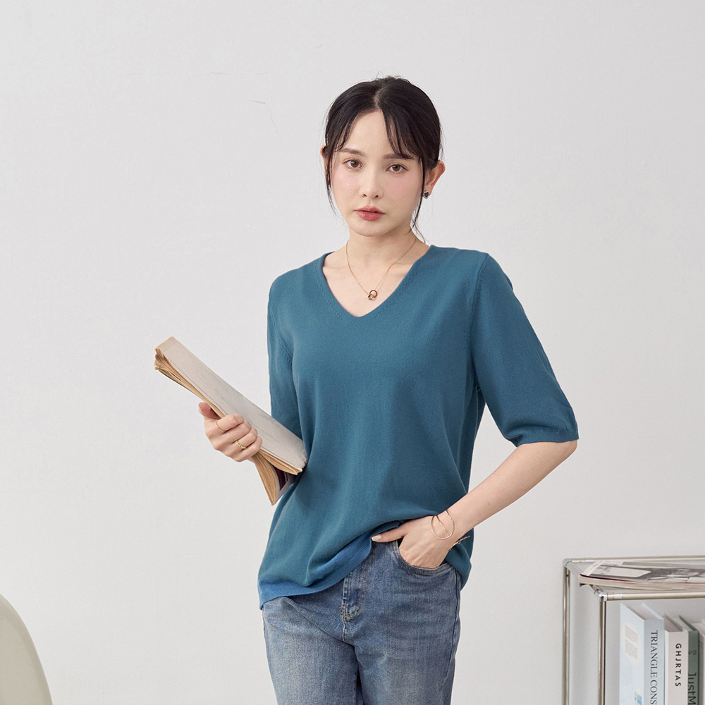 不完美-V領五分袖寬鬆針織上衣