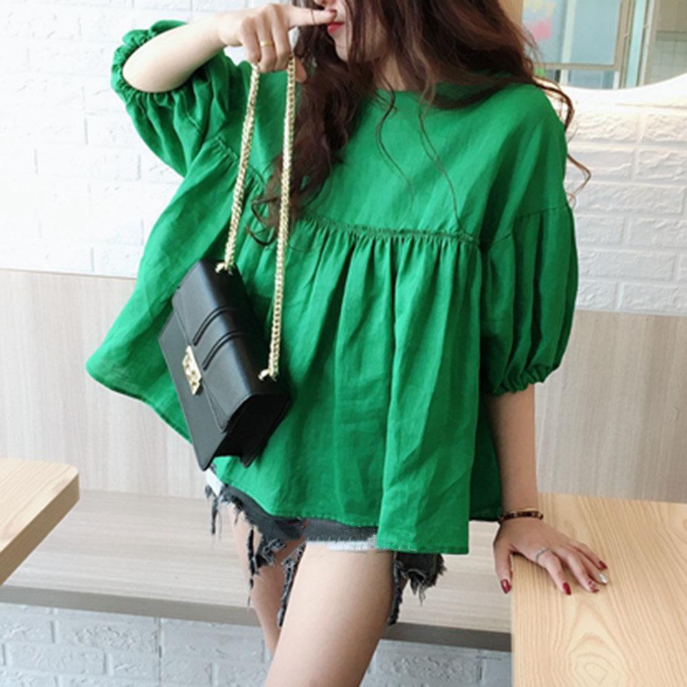 亞麻寬版燈籠袖上衣