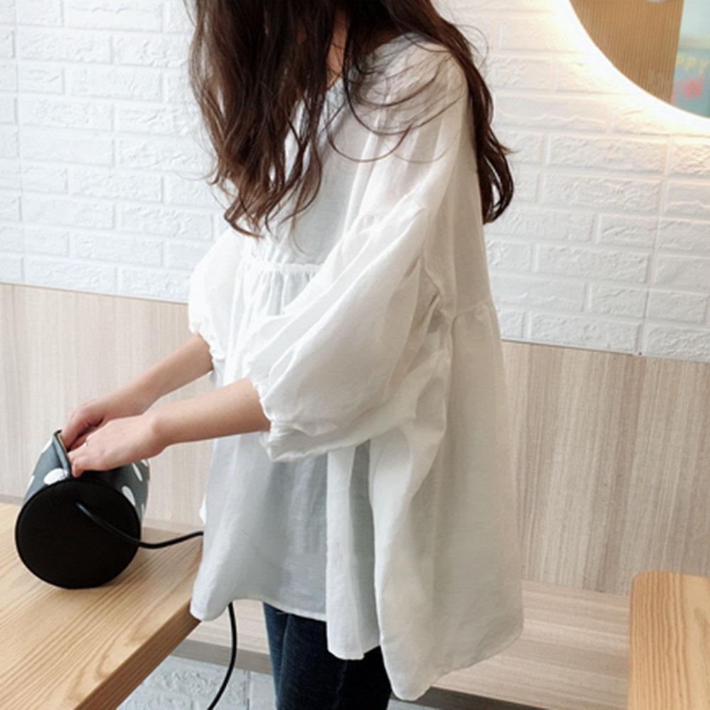 亞麻寬版燈籠袖上衣