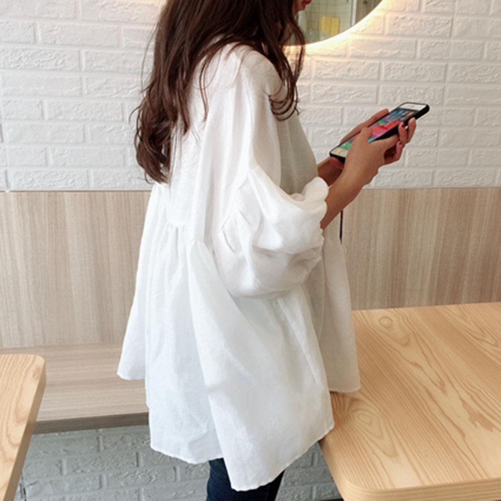 亞麻寬版燈籠袖上衣